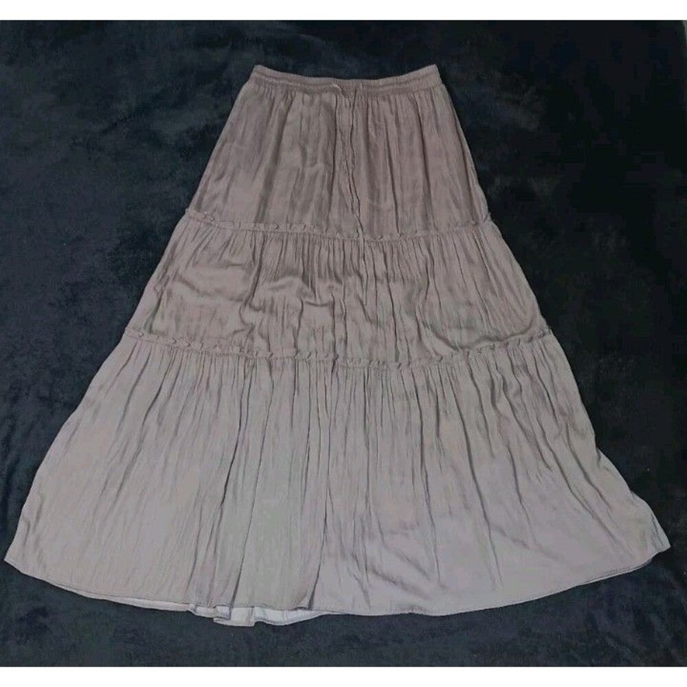 Mittoshop Tiered Maxi Skirt M Gray Elastic Waist Flowy Boho Lined Cottagecore